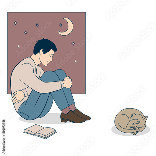 A teenager with a book is dozing by the window with stars, the moon, a book and a sleeping cat. The concept of education or leisure. Vector