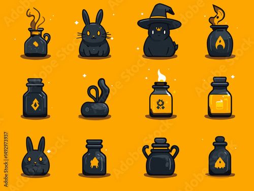 Mystical Essence: A whimsical collection of stylized ink bottles, each holding a magical essence, adorned with symbolic designs and captivating charm.