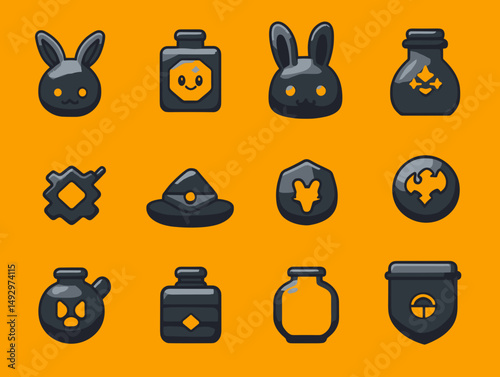 Whimsical Icons on Orange: A collection of fun, quirky icons adorn a vibrant orange background, their simplicity hinting at a world of playful adventure and storytelling. 