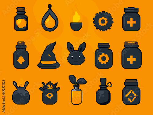 Enchanting Assemblage of Symbolic Icons: A captivating collection of whimsical, pixelated illustrations, each a unique emblem of mystery, magic, and intricate symbolism.