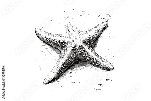 Rustic Ocean Fauna Print, Vintage Starfish Engraving on Sand, Black Sketch, Monochrome Marine Life Line Art, Old Engraving Style, Sea Creature Etching, Nautical Artwork