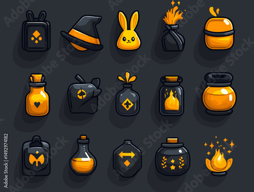 Mystical Potion Assortment: A collection of intricately designed potion bottles and magical items with glowing effects and vivid colors, perfect for fantasy or game design.