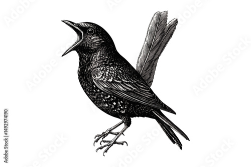 Vintage Starling Bird Engraving, Antique Ornithology Etching, Hand-drawn Monochrome Sketch, Retro Wildlife Illustration, Classic Songbird Art, Old Engraving Style, Nature Study