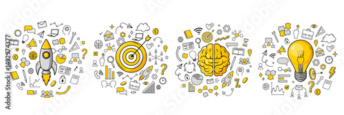 Set of startup rocket, target, brain, and light bulb surrounded by business, planning, and innovation icons on white background. Vector illustration
