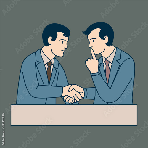 Secret deal. Two men in suits shake hands. One of them holds his finger to his lips. Vector illustration