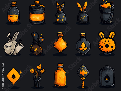Magical Potion and Accessory Collection: A bewitching assortment of potion bottles and accessories, each radiating with mystery and wonder, meticulously designed to enhance any enchanting project.