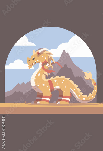 Friendly Dragon in Mountain Landscape: A whimsical illustration of a friendly, light-brown dragon wearing red socks, standing before a majestic mountain range under a light blue sky. 