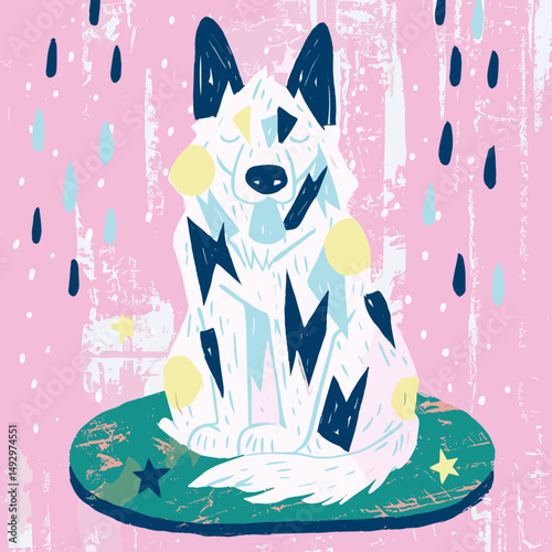 Pastel Dog Illustration: A whimsical illustration of a dog, adorned with pastel-colored lightning bolt patterns, sits serenely on a teal-colored ground amidst a gentle pink rain.  