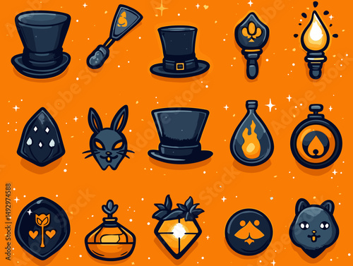 Magic Item Collection: A vibrant collection of whimsical magic items, including top hats, magic wands, potion bottles, and mysterious masks, set against an orange background.