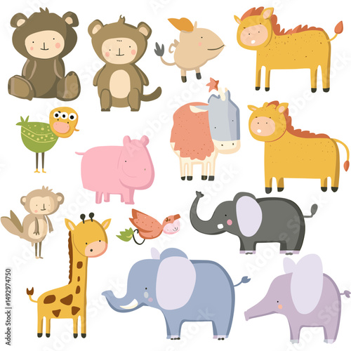 Cartoon Animal Collection: A whimsical collection of endearing cartoon animals, each radiating charm and playfulness. This vibrant artwork showcases the innocence and cheerfulness.