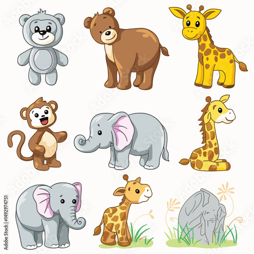 Adorable Animal Group: A vibrant collection of playful, illustrated animals. They're perfect for adding charm to children's projects or injecting whimsy into any design.