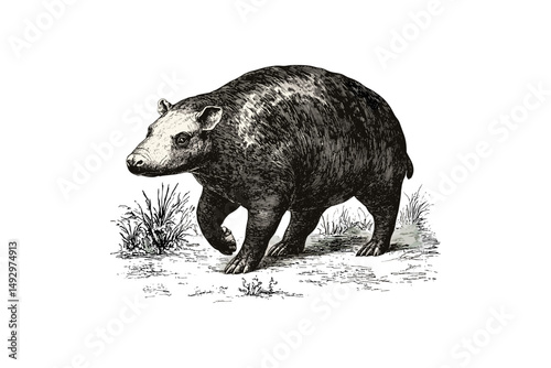 Antique Tapir Animal Illustration, Vintage Rainforest Wildlife Sketch, Monochrome Engraving Art, Hand-drawn Nature Etching, Old Style Black Line Drawing, forest animal artwork