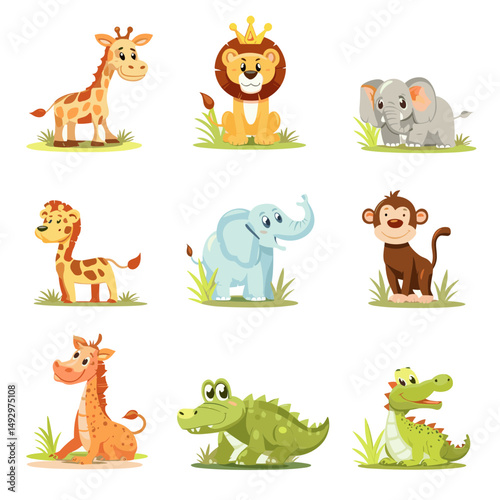 Jungle Animals Collection: A vibrant illustration showcasing a collection of adorable jungle animals, exuding joy and a touch of royalty. Featuring a giraffe, lion, elephant, crocodile, and monkey.