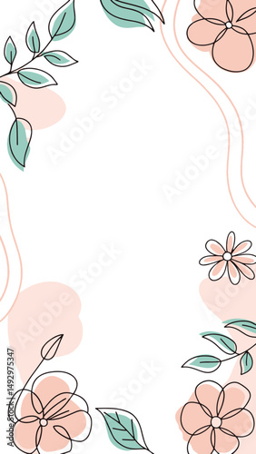 Delicate floral design with pastel colors and abstract shapes creating a frame on a white background.  The illustration style is minimalist and charming.