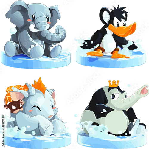Cute Cartoon Animal Characters: Featuring a captivating group of cartoon animals with delightful expressions, each presented in an engaging style and pose.