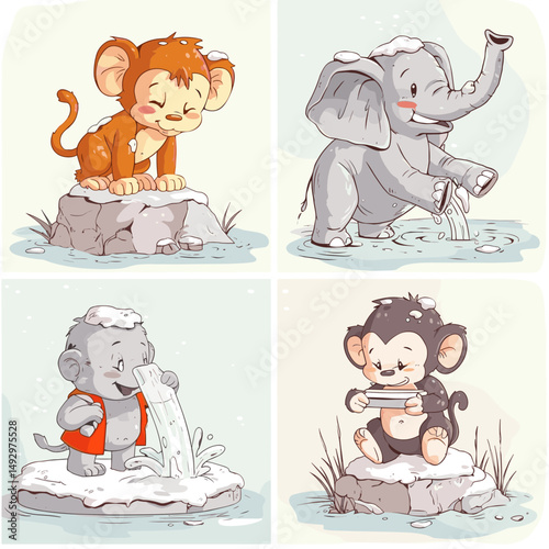 Whimsical Animal Quartet: A delightful collection of adorable cartoon animals, including a charming monkey and an endearing elephant, captured in playful and heartwarming illustrations.