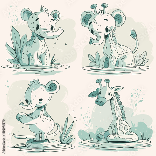 Whimsical Animal Ensemble: A collection of delightful illustrations features charming animals, including elephants and giraffes, depicted with artistic flair and playful expression.