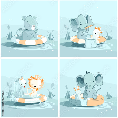 Cute Animals Pool Party: Adorable illustration of various animal friends enjoying a fun-filled pool party. The illustration features a playful bear, elephant, lion and rabbit.