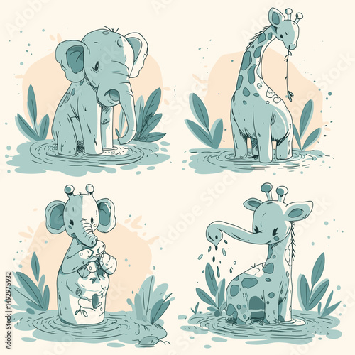 Whimsical Safari Companions:  An adorable illustration featuring a quartet of baby elephants and giraffes, exuding charm and innocence in a playful wildlife scene.