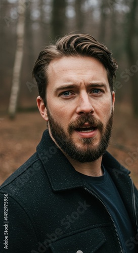 Portrait of a Bearded Man in a Forest Setting: A Stunning Outdoor Close-Up