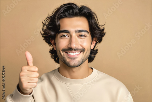 A young man with dark wavy hair and a light beard gives a thumbs-up while smiling directly at the camera.