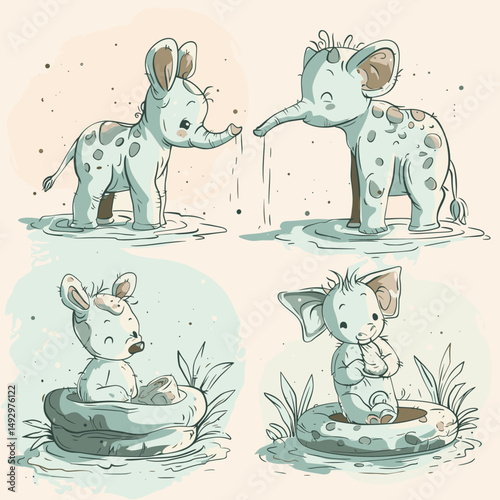 Cute Baby Elephants Playing in Water: Four adorable baby elephants enjoy a refreshing dip in the water, showcasing playful interactions and heartwarming scenes.
