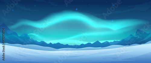 Glowing aurora borealis in sky above snowy mountains, flat graphic style, dark blue night background. Concept of winter nature. Vector illustration