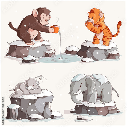 Joyful Winter Wonderland: An endearing cartoon scene unveils playful monkey, tiger, elephant, and hippo enjoying a cozy snowy day. Each animal, perched upon snow-covered rocks.