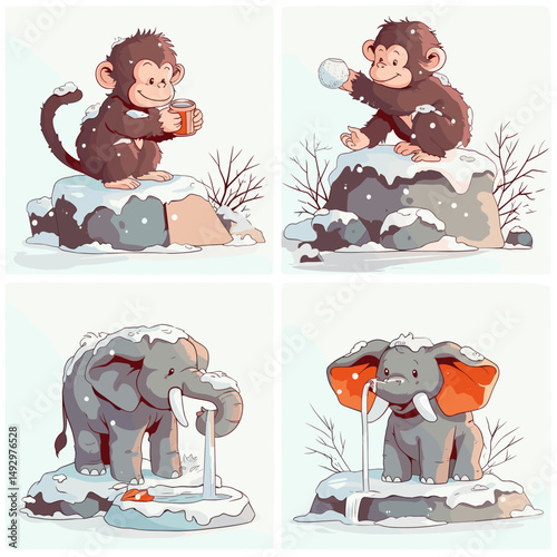 Winter Playtime: Playful monkeys and elephants frolic in a snowy wonderland, with whimsical illustrations that capture the joy and wonder of winter.