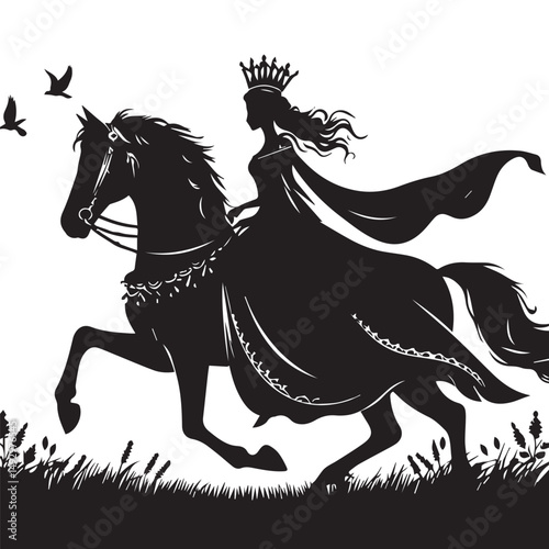 silhouette of a princess riding a horse, editable vector image