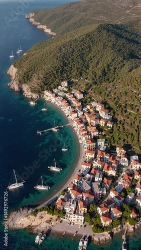 an aerial view of a coastal town nestled on a crescent-shaped bay, with white buildings, lush greenery, and boats anchored in the turquoise waters, revealing the beauty of a peaceful harbor town. 