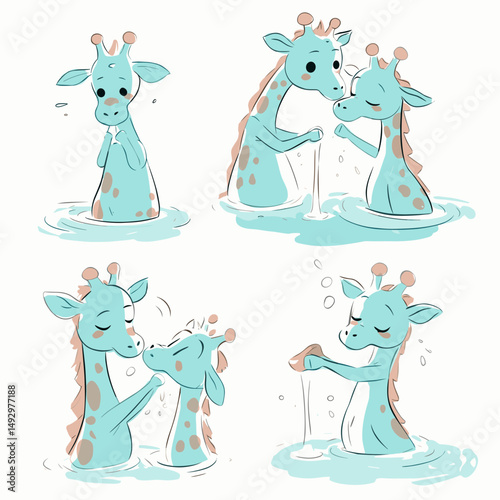 Cute Giraffe's Aquatic Bliss: Charming illustrated giraffes find playful joy in water, in the tranquil setting. Capturing the endearing innocence and vibrant spirit.