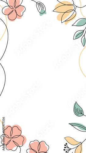 Delicate floral frame in soft pastel colors, composed of line art and simple shapes, creating a minimalist and elegant design.