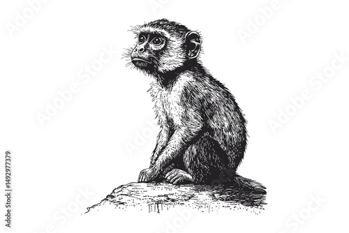 Vervet Monkey Sketch, Hand-drawn Vintage Jungle Primate, Old Engraving Style Illustration, Monochrome Etching Animal Art, retro wildlife drawing, black and white jungle print
