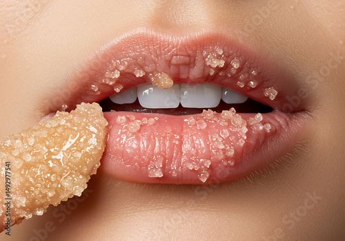 Close-up of Sugar Lip Scrub Application for Soft, Smooth Lips Achieve a Naturally Beautiful Smile