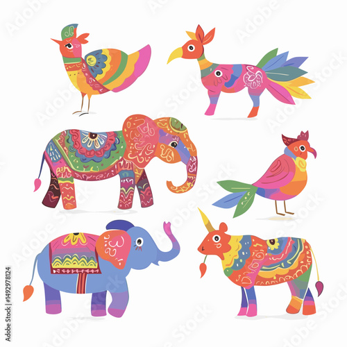 Whimsical Animal Kingdom: A delightful illustration showcasing a collection of vibrant, decorated animals, each bearing unique patterns and designs that bring a touch of fantasy and charm. 