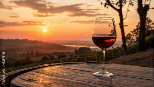 a glass of red wine placed on a wooden surface, golden sunset in the background