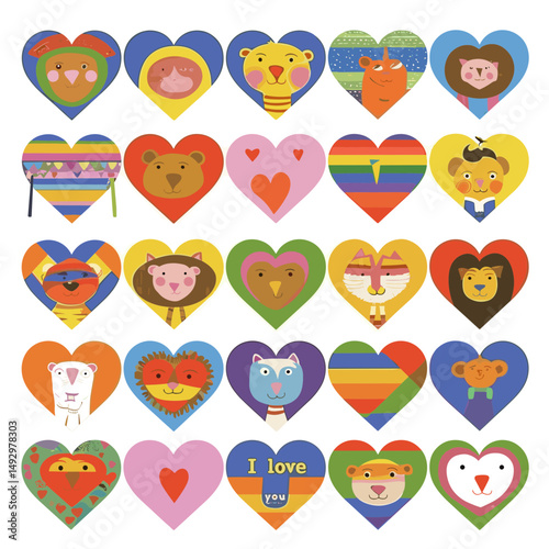 Hearts and Animals: A captivating assembly of heart-shaped illustrations, each meticulously adorned with a unique animal face, showcasing a creative blend of love and wildlife.