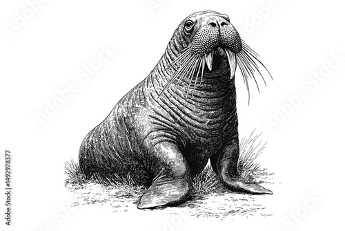 Vintage Walrus Engraving, Thick Whiskers Arctic Mammal, Hand-drawn Wildlife Sketch, Retro Etching Art, Monochrome Nature Illustration, old engraving style, animal portrait