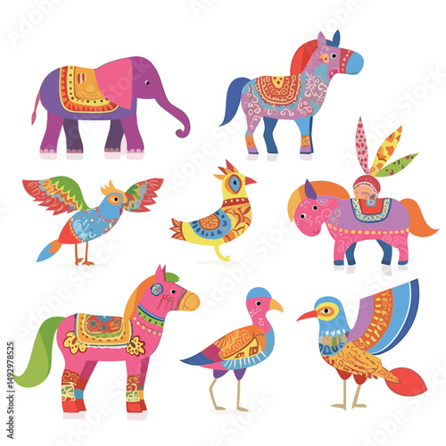 Colorful Animal Illustration: A whimsical illustration showcases an array of vibrantly decorated animals, each adorned with intricate patterns and artistic flair.