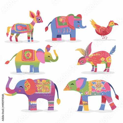 Whimsical Animal Parade: A vibrant array of delightful animal illustrations, each adorned with intricate patterns and charming details, creates a cheerful and eye-catching visual.