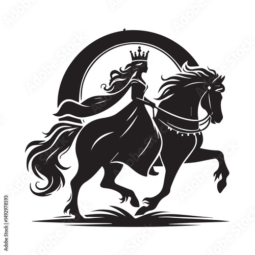 silhouette of a princess riding a horse, editable vector image