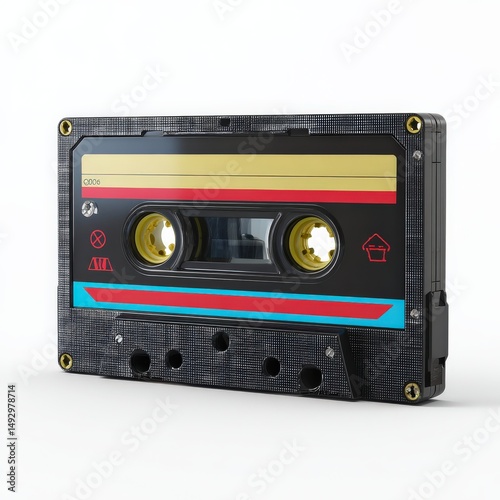 Retro audio cassette tape with colorful label.  A nostalgic piece of music history.