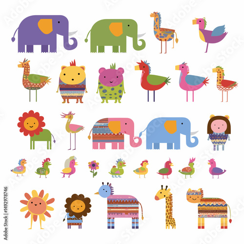 Cheerful Animal Ensemble: a vibrant array of whimsical animal illustrations, each with its unique personality, forming a delightful tapestry of colors and designs, ready to bring joy and fun.