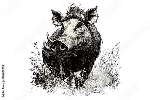 Warthog engraving in grassland, vintage safari wildlife sketch, retro nature art, monochrome etching style drawing, hand-drawn African animal illustration, old engraving style