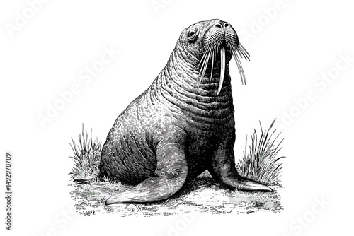 Old Engraving Style Walrus, Vintage Arctic Wildlife Sketch, Thick Whiskers Mammal, Hand-drawn Monochrome Art, Retro Nature Illustration, antique animal print, rustic wildlife
