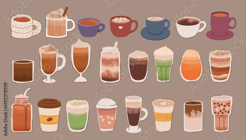 Coffee cup set with assorted whipped drinks in flat cartoon style on brown background. Concept of beverage diversity and menu variety. Vector illustration