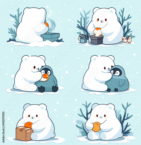 Bear and penguin: adorable illustrated polar bear and penguin set interacting in a snowy wonderland, showcasing themes of friendship and care