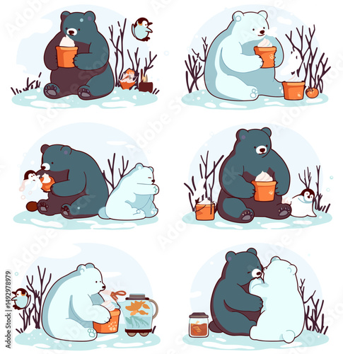 Bear & Penguin Winter Friendship:  A set of four delightful illustrations depicting a black bear and polar bear sharing a winter snack, highlighting the unique friendship between two unlikely friends.