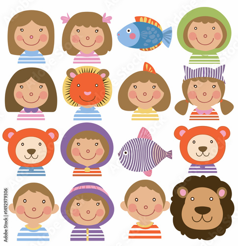Playful Characters: A collection of adorable cartoon faces showcasing varied expressions, whimsical accessories, and a cheerful vibe. The image is filled with bright, cheerful, and engaging.